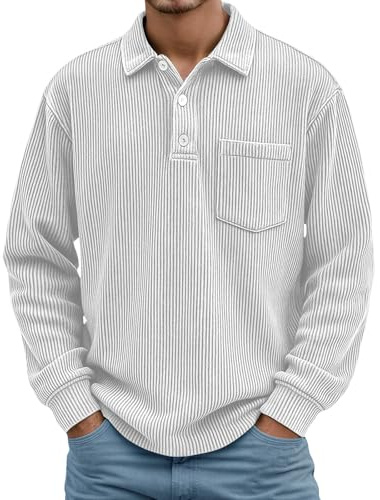 KBOPLEMQ Suéter elegante para hombre de invierno con cuello polo, suéter vintage de invierno con cuello de sarga, camisa de trabajo de manga larga, camisa de negocios de tela gruesa, camisa de ocio