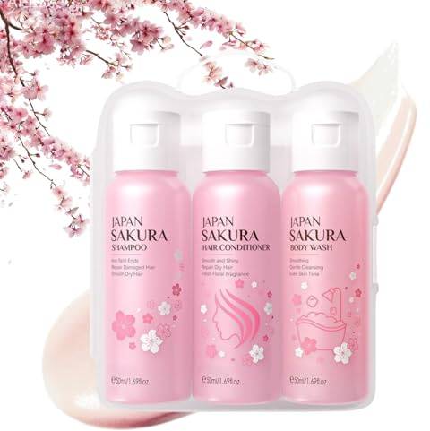 Sakura Reisegröße Set Pflege, 3-teilig mit Shampoo, Conditioner & Duschgel, Feuchtigkeitsspendende Haar- und Körperpflege für Damen, Ideal für Reise, Geschenk und tägliche Nutzung