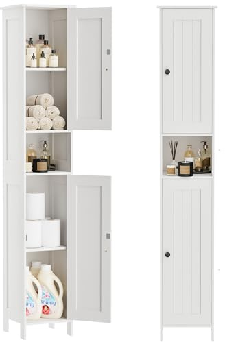 Miphlian Hoher Badezimmerschrank mit 2 Türen, 170 cm Schmaler Aufbewahrungsschrank mit Verstellbaren Regalen & Kippschutz, Umkehrbare Türmontage, Einfache Montage, 30 x 30 x 170 cm, Weiß