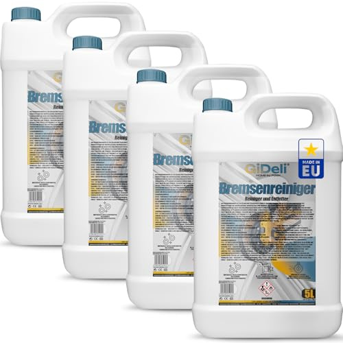 GiDeli Nettoyant pour freins 4 x bidon de 5 l - Pour voiture, moto et vélo - Élimine l'huile, la graisse, la poussière de frein, les résidus de colle - Dégraissant d'atelier, séchage rapide, sans