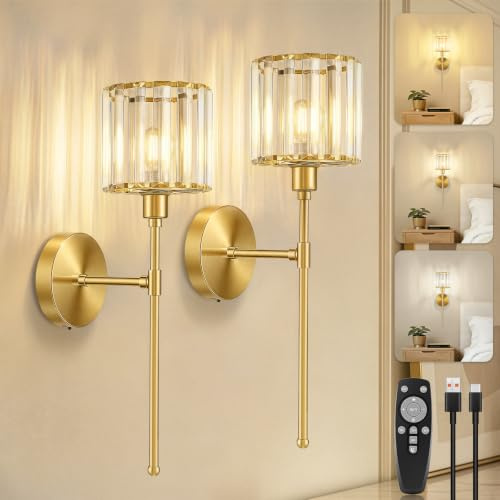 Kimjo LED Wandleuchte Innen Akku, Vintage Kristall Wandlampe Gold, 2 Stück