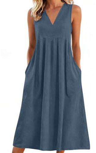 Vestidos Verano Mujer 2026,Cuello V Algodón y Lino Vestido Mujer Verano Casual Sueltos Color Sólido Vestidos Largo Cintura Alta con Bolsillos Cómodo y Transpirable Maxi Vestidos Playeros