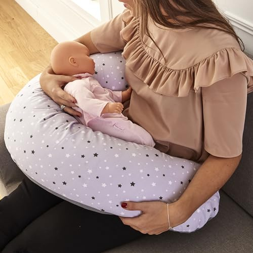 Babysom Pack Coussin de Maternité Évolutif 3 en 1 - Coussin d'allaitement + Housse Étoile Gris + Charlotte Polaire (Pouf Enfant) - XXL 170cm - Confort Grossesse & Allaitement - Certifié Oeko-Tex