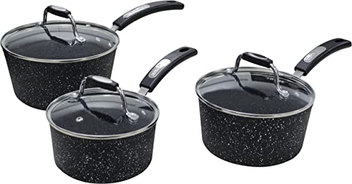 Scoville NEVERSTICK 3pcs Saucepan Set with Lids, Non Stick Saucepan Set, 16/18/20cm Saucepans, Suitable for All Hobs Including Induction, PFOA Free, Cool-Touch Handles, Aluminium, Black