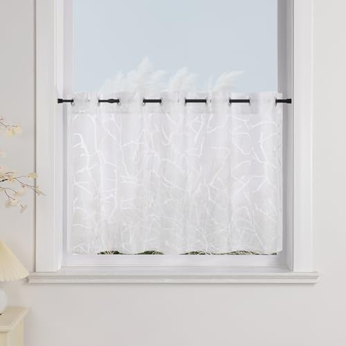 Yujiao Mao Scheibengardine Weiß mit Ösen, Zweige-Muster, BxH 90x45 cm | Moderne Ösen-Bistrogardine, Küchengardine, Halbtransparenter Kurzvorhang für Kleine Fenster, Sichtschutz, Kurzstores
