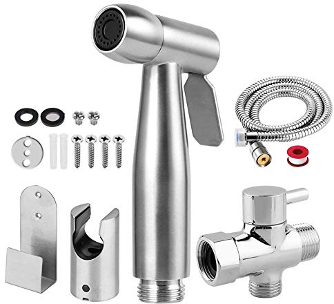 Handheld Bidet Sprayer Kit, Stainless Steel Shattaf Douche Muslim Shower Spray with Hose Bidet Holder Valve for Toilet Cleaning, Pet Bath, Personal Hygiene (includes T-adapter)