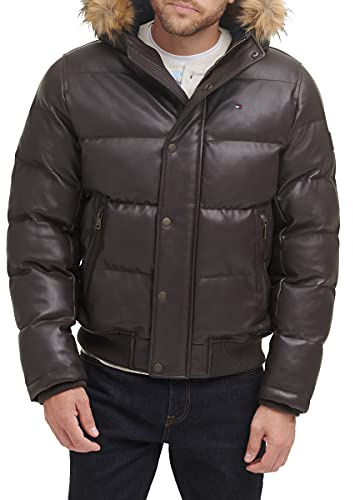 Tommy Hilfiger Herren Leichte, Gesteppte Pufferjacke Kunstlederjacke, Sattel aus Kunstleder, S