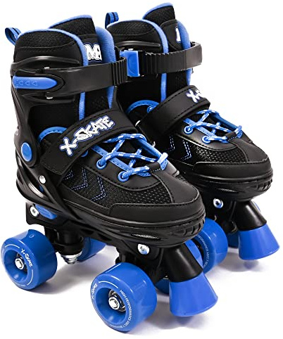 M.Y X-Skate Adjustable Blue Quad Roller Skates with Built In Adjusters Kids Roller Boots for Boys & Girls - Medium