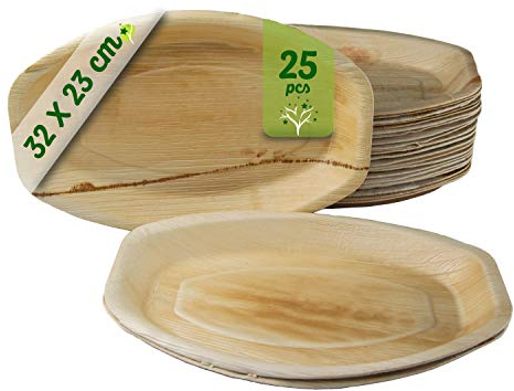 25 Vassoi in Foglia di Palma 32.5 x 23 cm Vassoio usa e getta ecologico per compleanni, feste, barbecue, matrimoni, eventi e picnic, stoviglie monouso biodegradabili. Alternativa al vassoio in bambù