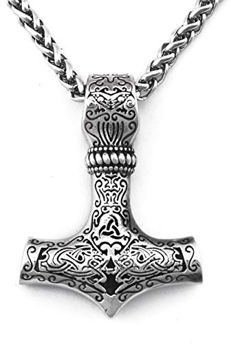 BAVIPOWER Collar nórdico de martillo de Thor para hombre, colgante de doble cabeza de lobo Fenrir de acero inoxidable, joyería vikinga, Metal