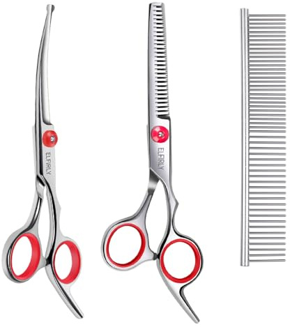 Elfirly Set med hundtrimningssax med säkerhet rund spets (2-pack - böjda saxar urtunningssaxar för skötsel) Husdjurssaxar med trimningskam för hundar och katter