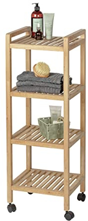 WENKO Haushalts- und Badwagen Norway, hochwertiges Roll-Regal mit 4 Etagen, fahrbares Bad-, Küchen- & Wohnregal mit 4 Ablagen im Scandi-Style, aus massivem Walnussholz geölt, 35 x 97 x 31 cm