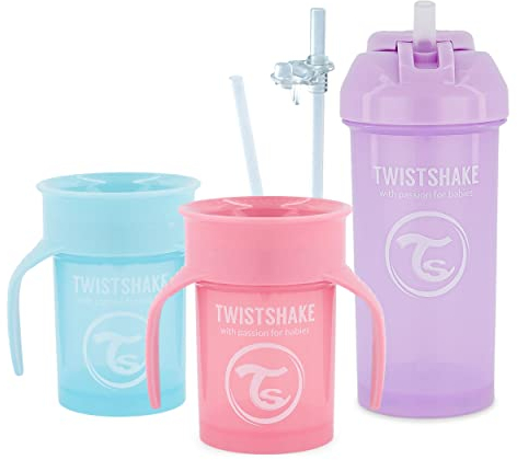 TWISTSHAKE Drinking Trainer Kit de Vasos con Boquilla, 6 st - 2x 360 Cup, 1x Vaso con Pajita, 2x Pajita, 1x Antiderrame Goma, 6+ Meses, Chica, 78967, 455.7 grams