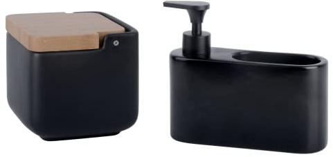 KOOK TIME Zubehör-Set für Küche - inkl. 1 x Salzdose mit Deckel und 1 x seifenspender küche mit stauraum für wäscher oder Schwamm - Keramik mattschwarze und Bambus