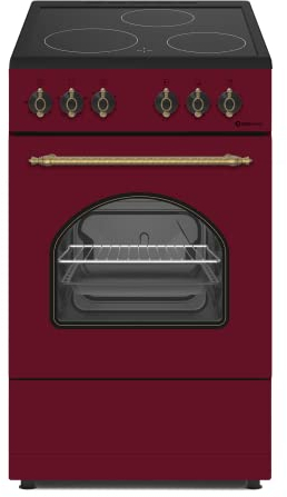 COCINA VITROCERÁMICA CON HORNO ELECTRICO SOLTHERMIC ROJO BURDEOS ACABADOS DORADOS/50 CM ancho, 3 FUEGOS/HORNO ELECTRICO