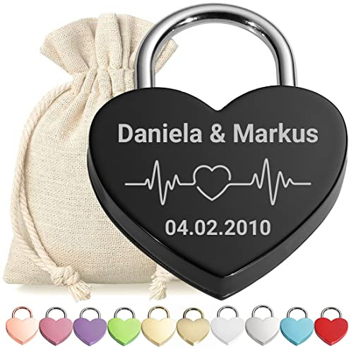polar-effekt Herz Liebes-Schloss Bügelschloss Vorhängeschloss Graviert Schwarz - Motiv Herzfrequenz - personalisiert - weißer Stoffbeutel - Geschenkidee Valentinstag - Paar-Geschenk - jetzt gestalten