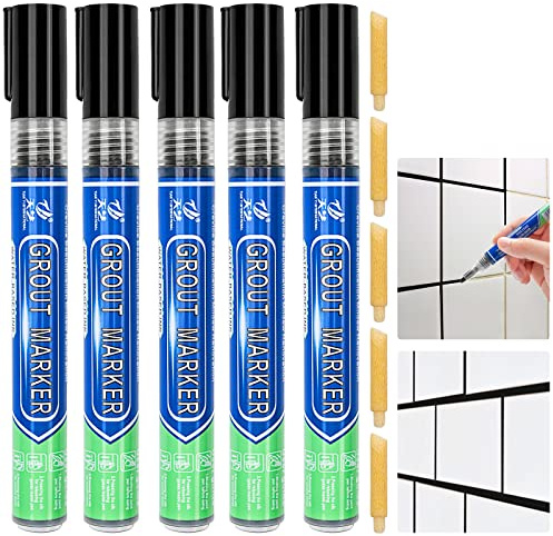 DRTRU 5 Pcs Tiles Grout Pen, Tile Grout Pen Black Wall Repair Pens, Tile Grout Reviver Pens for Tile Grout Wall Floor Bathrooms and Kitchen Restoring Grout Joints