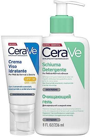 CeraVe Kit Skincare Pelle Mista, Schiuma Detergente Seboregolatrice, Per Viso e Corpo, Con 3 Ceramidi, 236 ml + Crema Idratante Viso SPF 30, Per Pelli da Normali a Secche, 52 ml