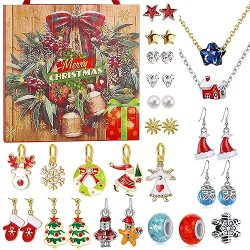 Bijoux Calendrier de l'Avent 2023 24 Pcs Calendrier de l'Avent pour les filles 2022 avec collier anneaux boucles d'oreilles Charms Beads 24 jours Xmas Christmas Countdown Calendars Gift DIY