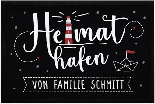 SpecialMe® Fußmatte Heimathafen mit Namen Familie personalisierbar Leuchtturm Papierschiff Boot rutschfest & waschbar Schwarz 60x40cm