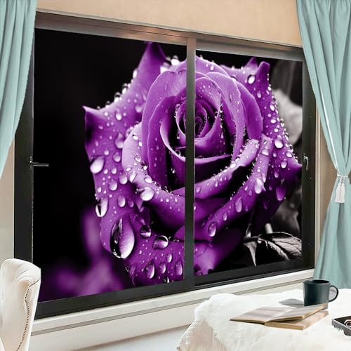 Charmante Lila Rose Fenster Sichtschutzfolie Wasserperlen Moderne Pflanzen Buntglas Fensterabdeckungen Kein Kleber Statisch Haftende Fensterfolie für Home Office Stores 80 x 140 cm x2 Stück