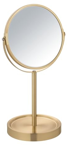 WENKO Standspiegel Mod. Alata Gold matt, Kosmetikspiegel mit 3-Fach Vergrößerung, stufenlos schwenkbar, mit Ablage, Ø 17 cm