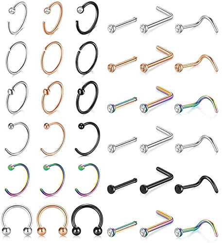 Epinki Nasenpiercing Ring Dünn 36Pcs, Piercing Nasenring Dünn C und L Edelstahl kann als Ohrringe Lippenpiercing mit Zirkonia für Frauen, Bunt