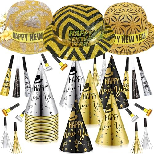 39Stück Glitzer Silvester Deko 2026 Set,Happy New Year Haarreif Kopfschmuck Partyhüte Accessories - Frohes Neues Jahr - Neujahrsdeko - Dekoration zu Neujahr 2026