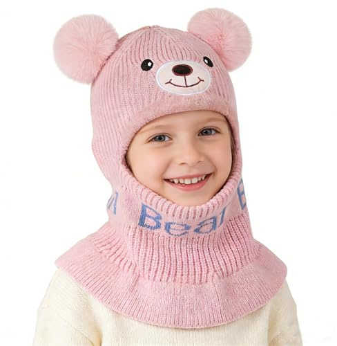 AYPOW Vintermössa pojke och flicka, 3 i 1 stickad babymössa balaclava pojke dubbel tofs söt fleecehatt halsduk med huva balaclava ull för skidåkning utomhus cykling, Rosa, one size