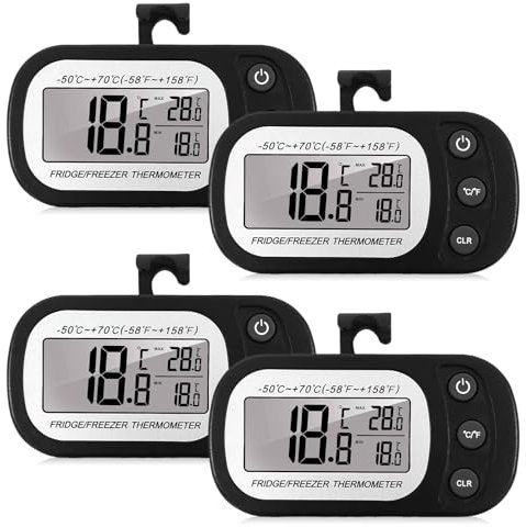 4 Stück Kühlschrankthermometer, Digitale Gefrierschrank Thermometer Digitales Kühlschrankthermometer mit LCD-Anzeige, Haken & Magnetisch, Max/Min Funktion für Hause Küche Cafés (Schwarz 4P)