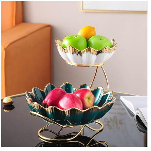 OZBME Fruit Basket Ceramic Tiered Serving Bowls Tray,2 Tier Ceramic Fruit Bowl with Metal Stand for Sushi, Dessert, Fruit, Vegetables, Appetizer, Cake Decorative Fruit Bowl (Multi Colored)