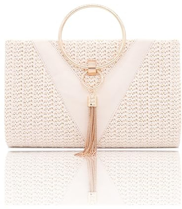 CORIOS Damen Strohtasche Abendtasch Frauen Gewebte Tasche Elegante Fransen Clutch Tasche Hochzeit Brautbörse Klein Tasche Formale Handtasche Schultertasche Luxuriös Umhängetasche Weiß