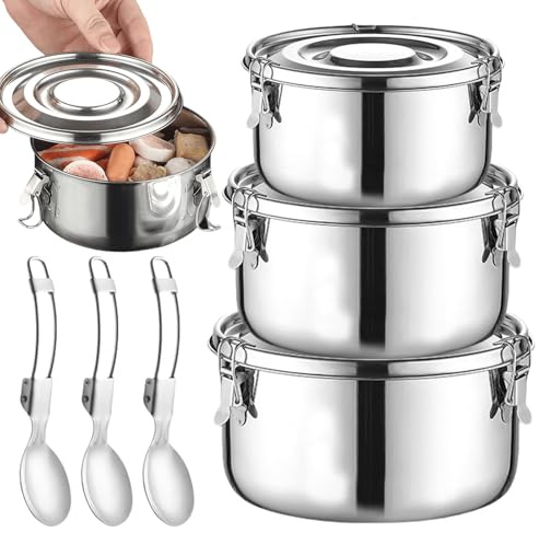 GOMETY Fiambreras de acero inoxidable con tapa, 3 unidades, fiambrera premium para niños, 500 ml+1000 ml+1500 ml con 3 cucharas, recipiente de acero inoxidable a prueba de fugas, perfecto para camping
