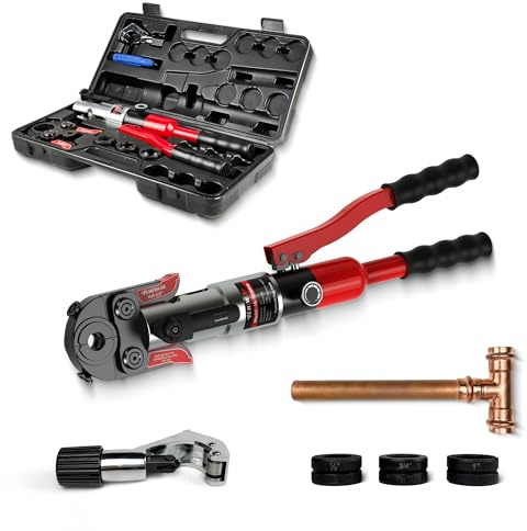 HHEWLEE Copper Pipe Press Hydraulic Crimping Tool, 50% Faster Pro Press Copper Crimper, Propress Tool with 1/2 3/4 1 Dies, Include Pipe Cutter and Deburring Tool, Upgrade Plumbing Tools