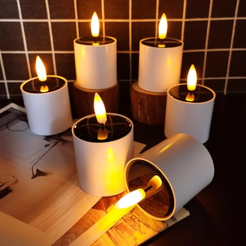 EuroFone Set di 6 candele solari a LED per esterni, impermeabili, con sensore di luce del crepuscolo all'alba, tremolanti per terrazza, giardino, campeggio, decorazione della camera da letto