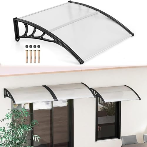 RELAX4LIFE Marquise de Porte Exterieur 100x100 CM, Auvent Porte D’entrée en Polycarbonate, Protection Contre Pluie et UV, Auvent Marquise Aluminium pour Terrasse Balcon (100 x 100 cm,Transparent)
