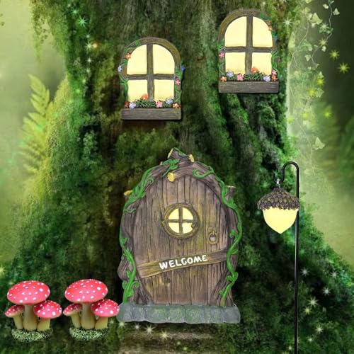 Angelkiss Fairy Door with 2 Mushrooms - Resin Glow in The Dark Gnome Door for Garden Trees, Retro Elf Window Lamp Indoor Outdoor Decoration (Mushroom Version)
