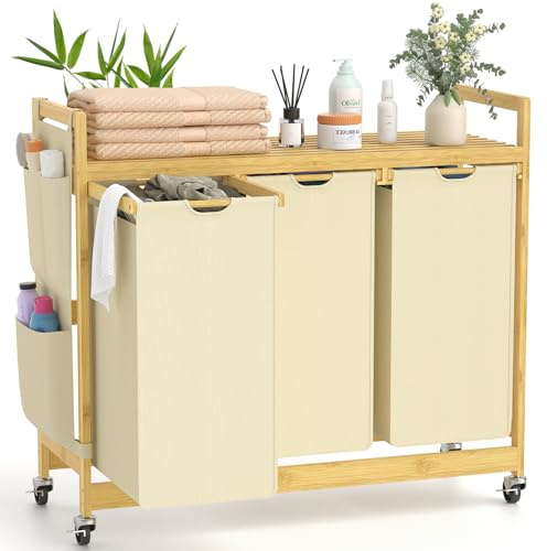 SUHU Wäschekorb aus 3 Fächer Bambus Wäschesammler mit Rad Wäscheregal kleine seitliche Taschen Wäschesäcken Abnehmbaren Wäschebox für Schlafzimmer Waschküche Beige