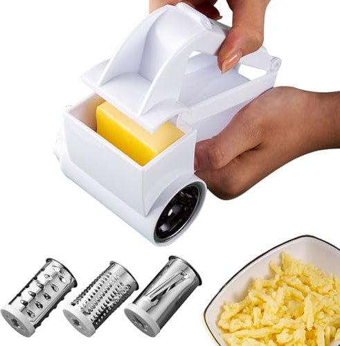 Rotary Cheese Grater – TRACOMPAN Stainless Steel Manual Shredder with 3 Interchangeable Drums | Handheld Shredder for Kitchen and Cooking | Dishwasher-Safe Manual Cheese Grater for Cheese, Chocolate