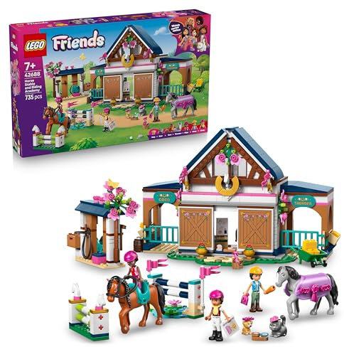 LEGO Friends L’Écurie et l’École d’Équitation - Jeu Éducatif - Set Animaux - 3 Mini-Poupées, 2 Figurines de Chevaux, 1 Chiot & Accessoires de Pansage - Cadeau d'Anniversaire pour Fille dès 7 ans 42688