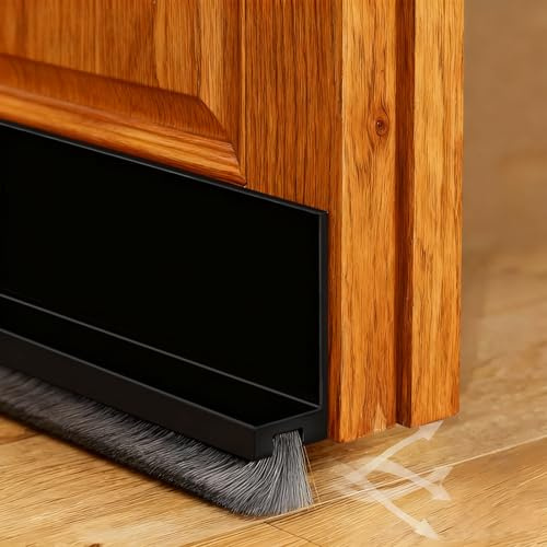 pangutheos 100cm Noir Brosse Bas de Porte, Boudin de Porte Isolant avec Un Pinceau, Auto-adhésif et Peut être Coupé à la Taille, Joint Brosse Isolation Phonique Porte pour Anti-Froid, Anti-Poussière