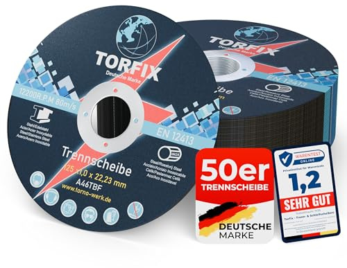TORFIX® Trennscheiben 125 mm Metall 1,0 mm (22,23 mm) – Dünntrennscheiben für Inox - Edelstahl - Stahl, Winkelschleifer – 50 Stück