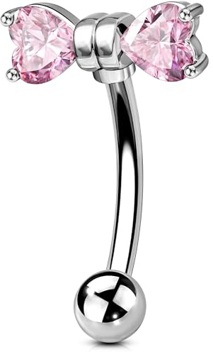 OUFER Piercing de acero quirúrgico 316L de 16 g, aro de circonita cúbica transparente rosa para cejas, barra curvada de 6/8 mm, piercing vertical para labret