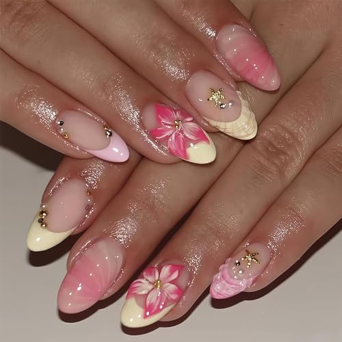 Cosblisvia 30 Stück Nägel Zum Aufkleben Press On Nails Kurz Fake Nails Mit 3D Blumen Sternen Für Anfänger Berufstätige Nagelkauer Für Urlaub Strand Dates Rosa