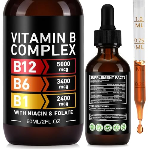 Vitamin B Complex Liquid Drops, 60ml | with Vitamin B12, B6, B1 and Folate, for Metabolic Health Support, Immune Support, Energy Levels, Brain Heart Function, for Men & Women