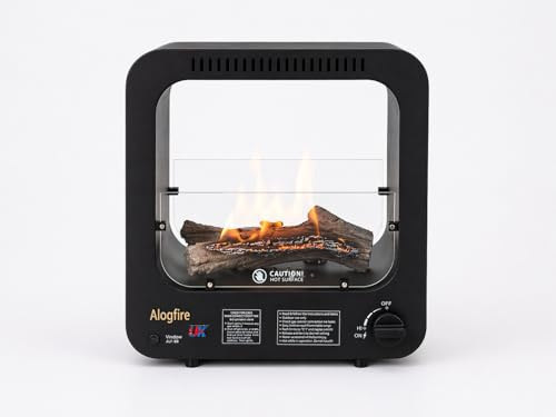 Alogfire TimeTunnel Portable Butane Gas Heater Side Handle 2.75KW (9400 BTU) – Real Log Flame Outdoor Patio & Caravan Heater with ODS, Tip Over & Flameout Protection – Matte Black