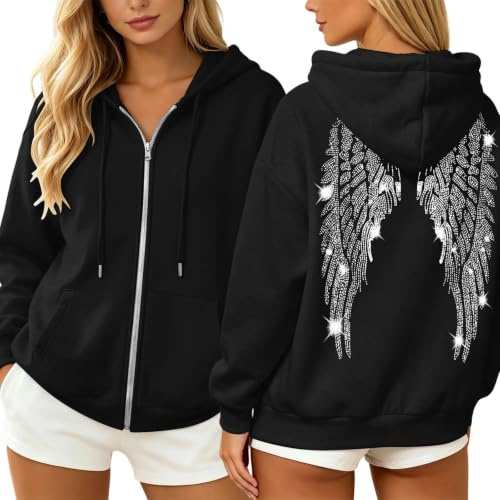 Sweat à Capuche Zippé Femme Ailes d'Ange, Veste Polaire Oversize Strass, Sweatshirt à Capuche Motif Ailes d'Ange dans le Dos, Sweat Décontracté Streetwear Sport pour Femme