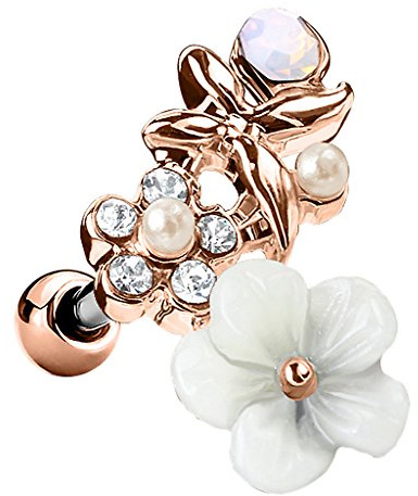 Piersando Tragus Helix Ohr Piercing Cartilage Knorpel Stab Stecker 316 L Chirurgenstahl Blume Blüte mit Strass Kristallen Steinen Rosegold