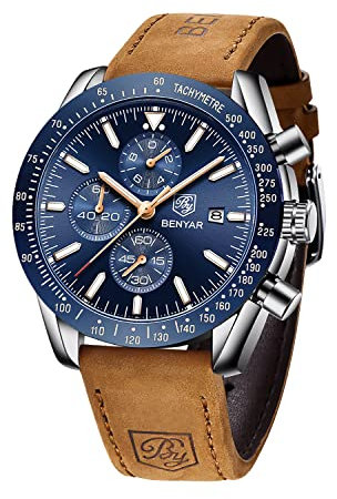 BENYAR Uhren Herren Analog Quarz Chronograph Herrenuhren 30M Wasserdicht Leuchtende Datum Braun Lederband Armbanduhr Lässig Business-Kleid Uhren Elegantes Geschenk fur Männer