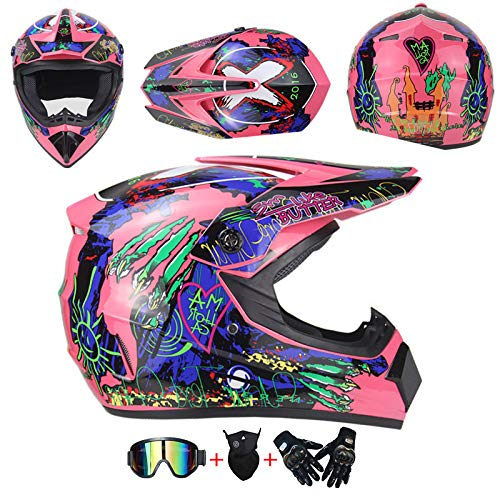 AKBOY Motocross Helm Kinder Pink Blau Full Face Motorradhelm Off-Road Motorrad Cross Helme für Mädchen Jungen Motorbike ATV MTB Sport Motorcycle Helmet Set mit Visier Brille Maske Handschuhe,M